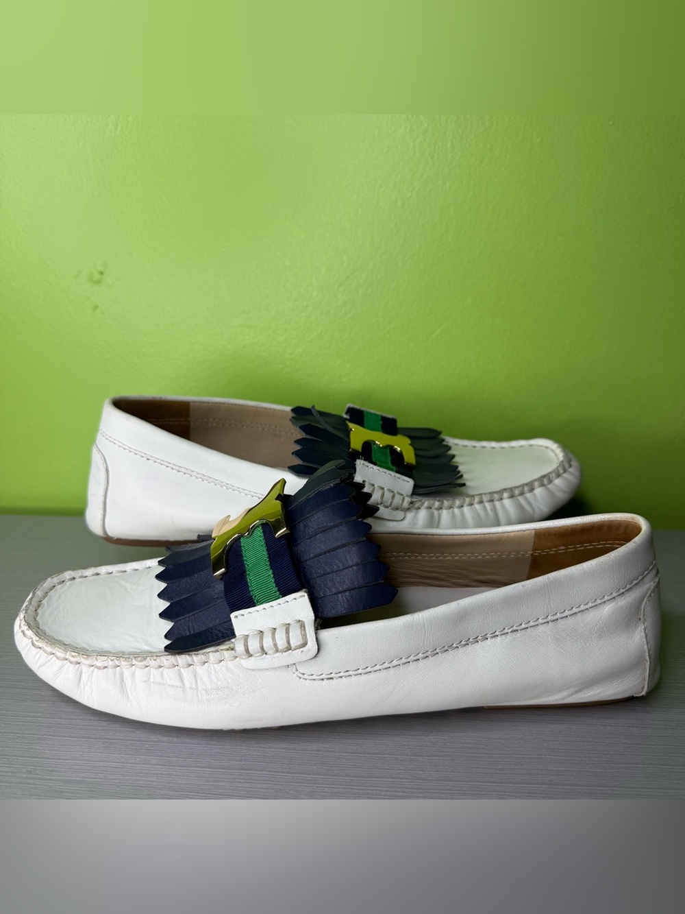 Tory Burch Gemini Link Driver Calf Leather Driver Loafers Blue/Green S9